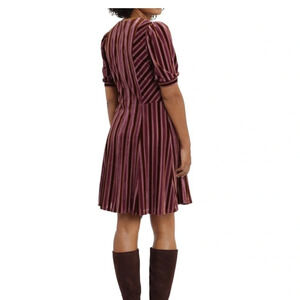 London Times Velvet Burnout Stripe Puff Sleeve Dress, Orchid/Brown, Size 4, NWT​